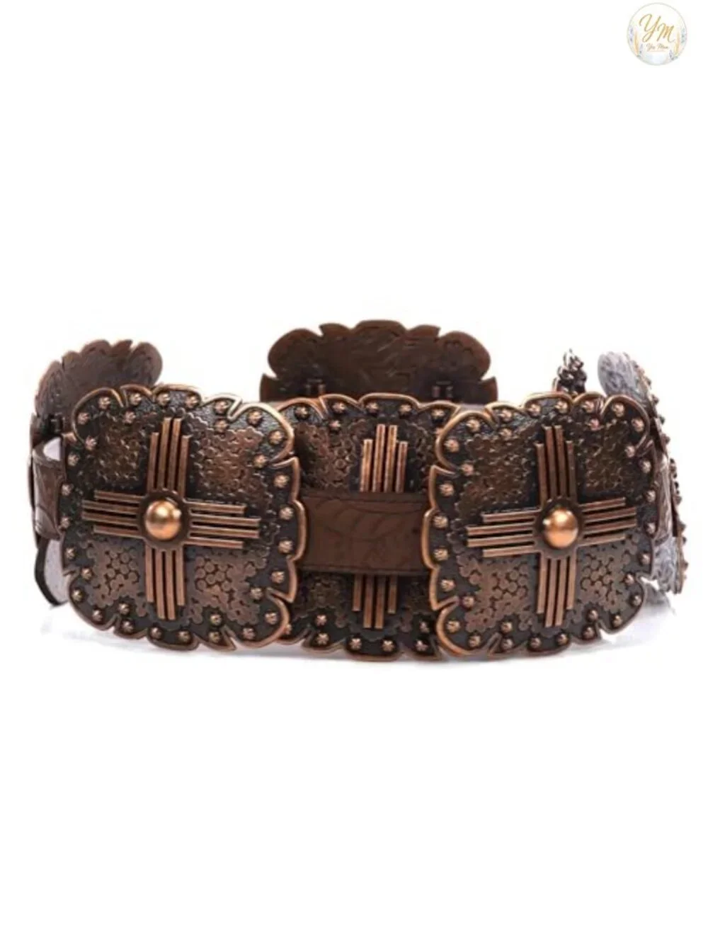 Women's Floral Embossed Leather Belt with Western Square Conchos and Removable